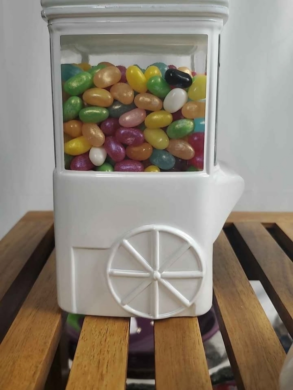 White Ceramic Candy Dispenser Jar with Clear Display Window - Multicolor Candy